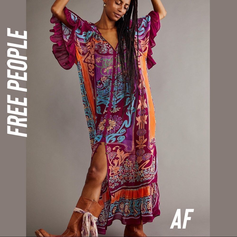 FREE PEOPLE BACK TO BARCELONA KAFTAN MAXI DRESS VIOLET COMBO NWT